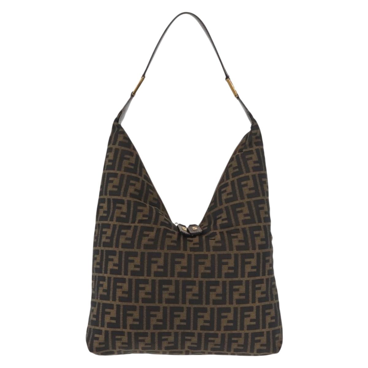 FENDI Zucca Canvas Shoulder Bag Black Brown Auth 143594
