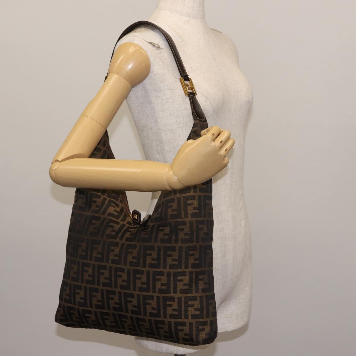 FENDI Zucca Canvas Shoulder Bag Black Brown Auth 143594