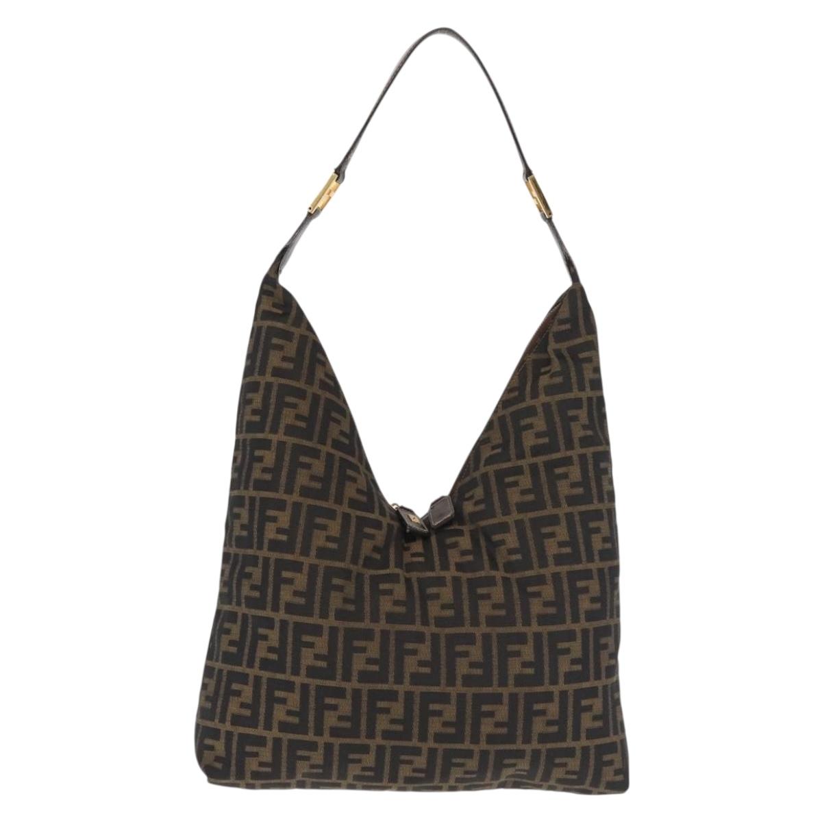 FENDI Zucca Canvas Shoulder Bag Black Brown Auth 143594