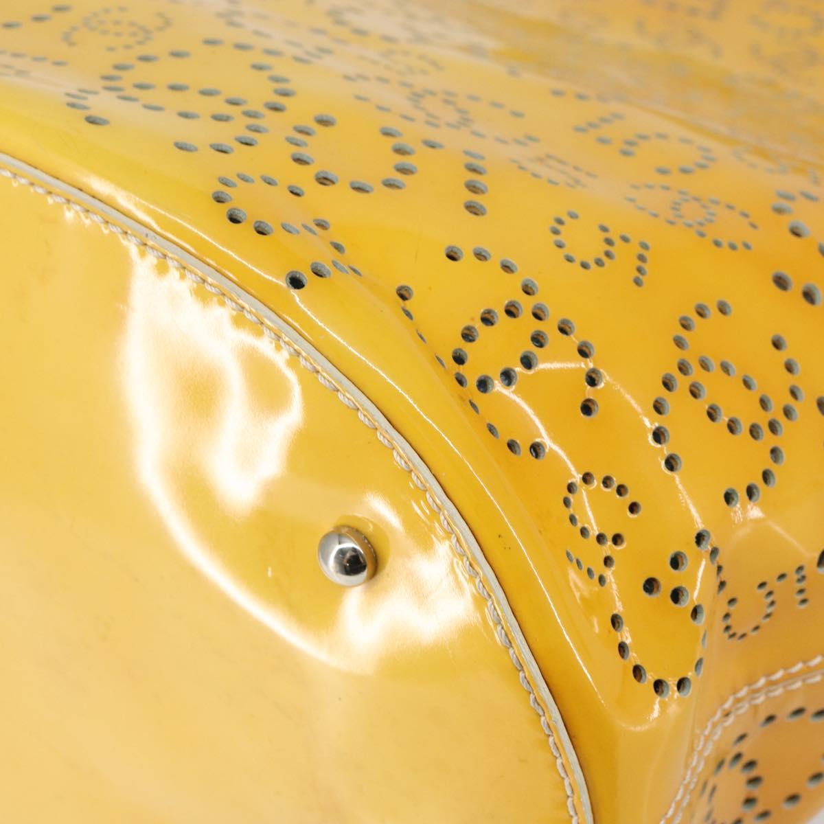 CHANEL Punching Hand Bag Enamel Yellow Silver CC Auth 143604