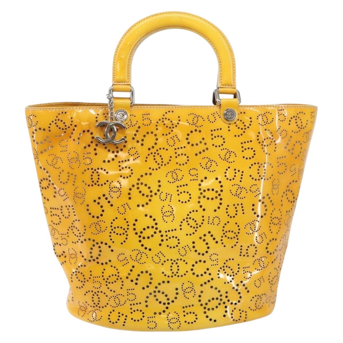 CHANEL Punching Hand Bag Enamel Yellow Silver CC Auth 143604