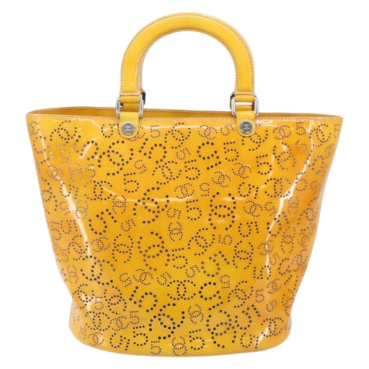 CHANEL Punching Hand Bag Enamel Yellow Silver CC Auth 143604