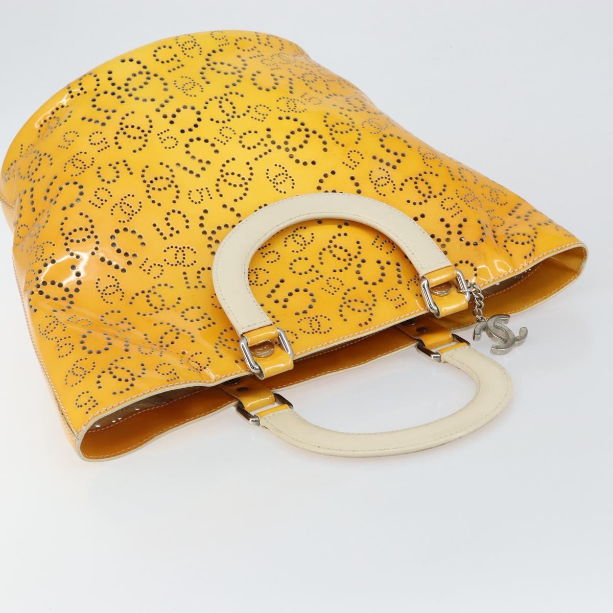 CHANEL Punching Hand Bag Enamel Yellow Silver CC Auth 143604