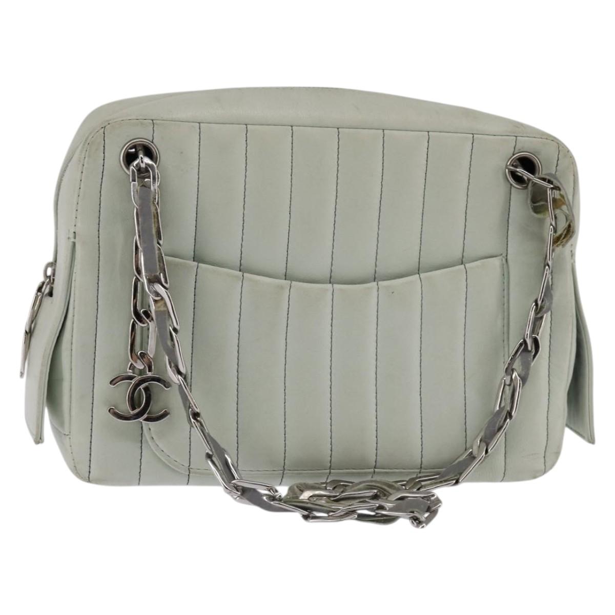CHANEL Mademoiselle Chain Shoulder Bag Leather Silver Light green CC Auth 143605