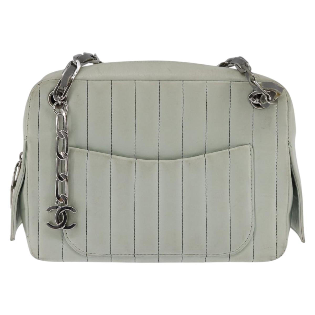 CHANEL Mademoiselle Chain Shoulder Bag Leather Silver Light green CC Auth 143605