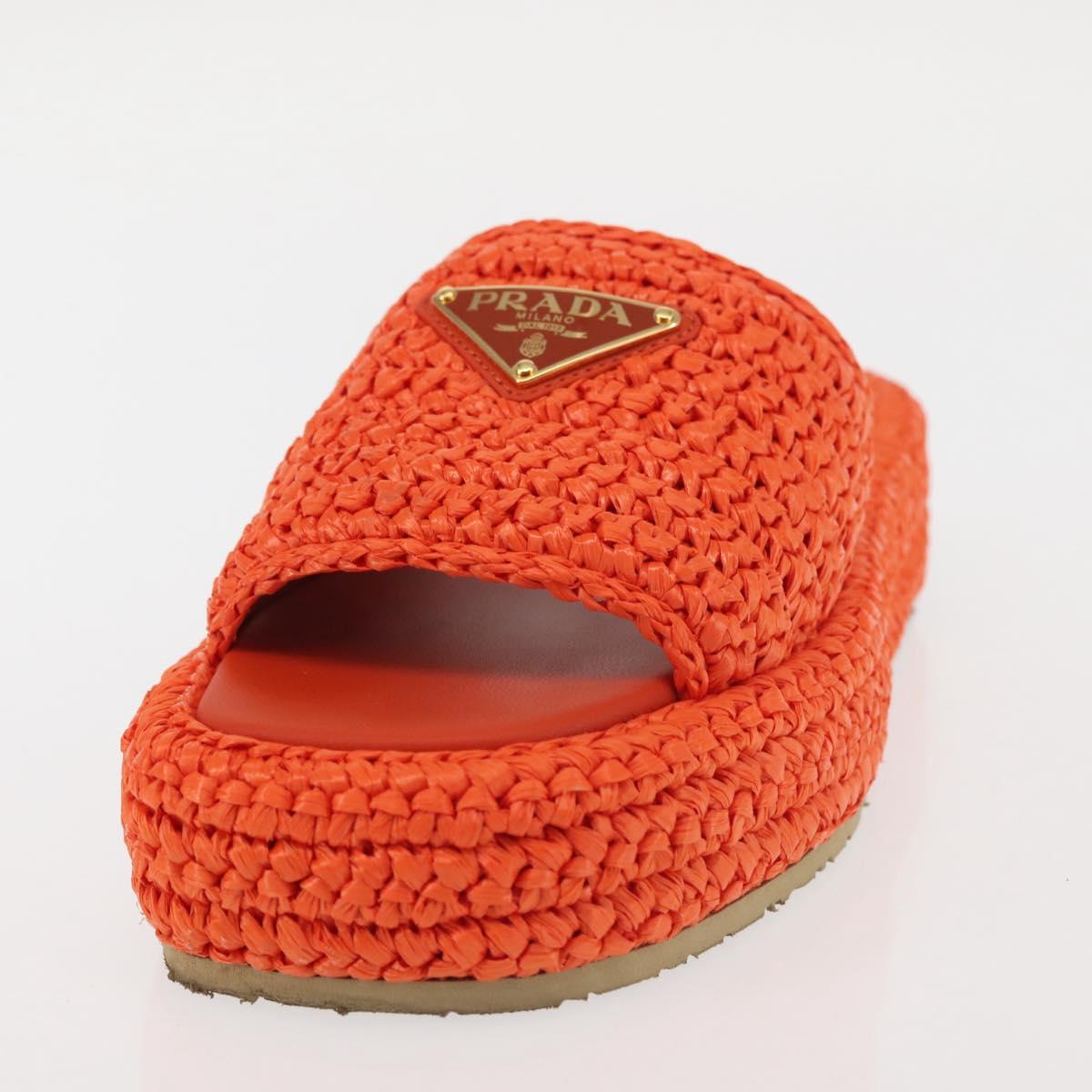 PRADA Flat Form Sandals Raffia Orange Auth 143606