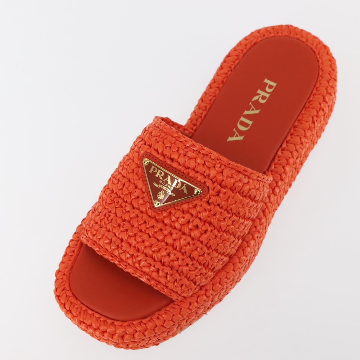 PRADA Flat Form Sandals Raffia Orange Auth 143606