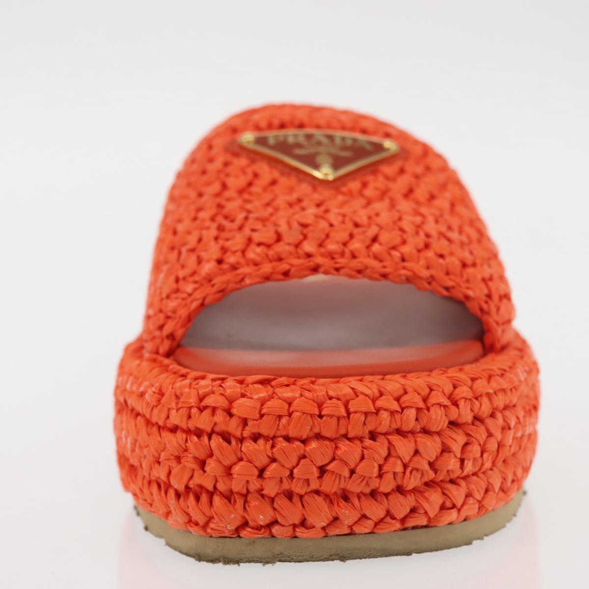 PRADA Flat Form Sandals Raffia Orange Auth 143606