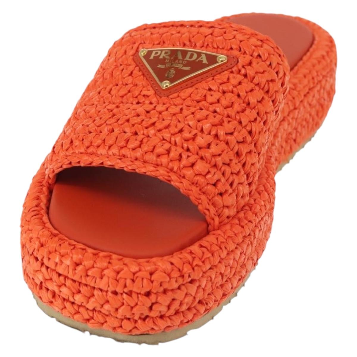 PRADA Flat Form Sandals Raffia Orange Auth 143606