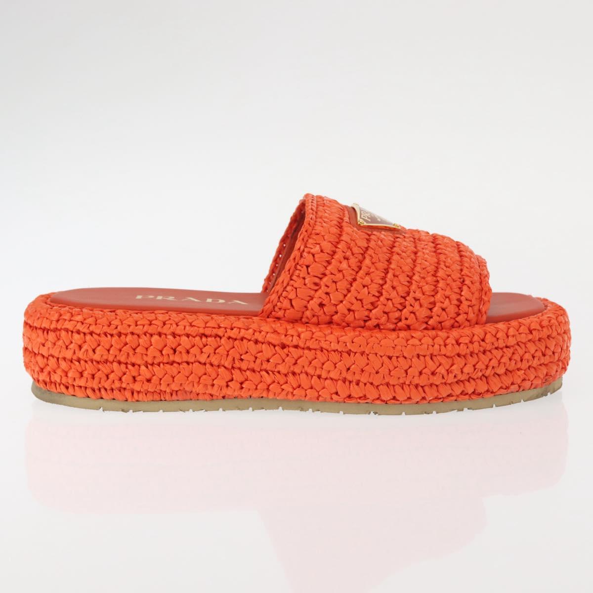 PRADA Flat Form Sandals Raffia Orange Auth 143606