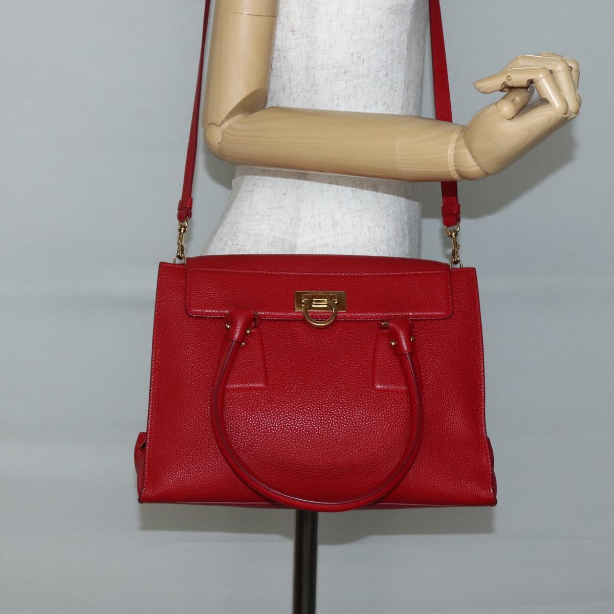 Salvatore Ferragamo Gancini Hand Bag Leather 2way Red Gold Auth 143649V