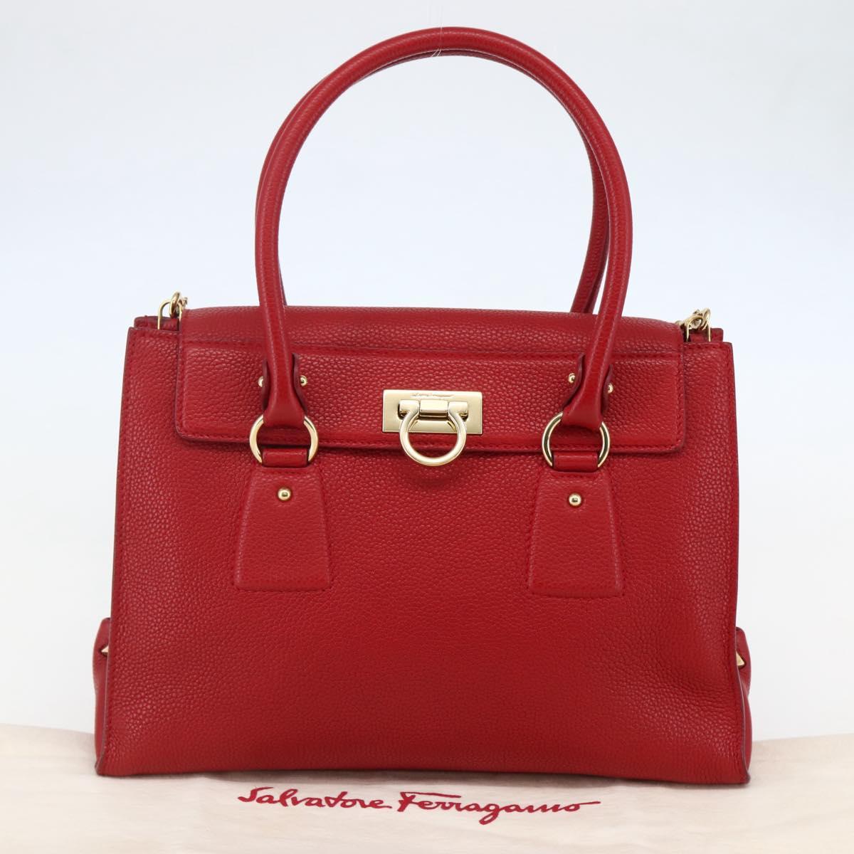 Salvatore Ferragamo Gancini Hand Bag Leather 2way Red Gold Auth 143649V