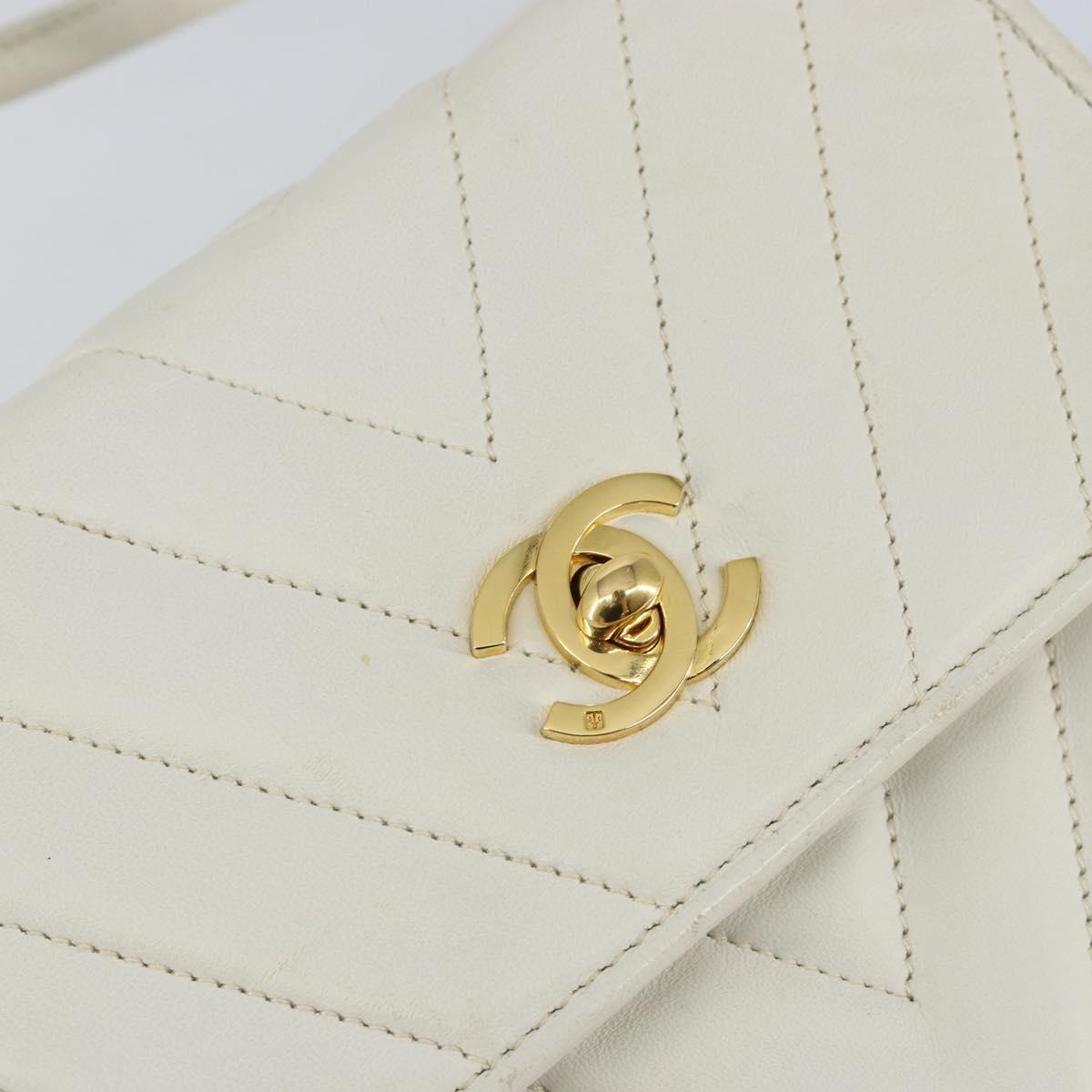 CHANEL V Stitch Shoulder Bag Lamb Skin White Gold CC Auth 143656
