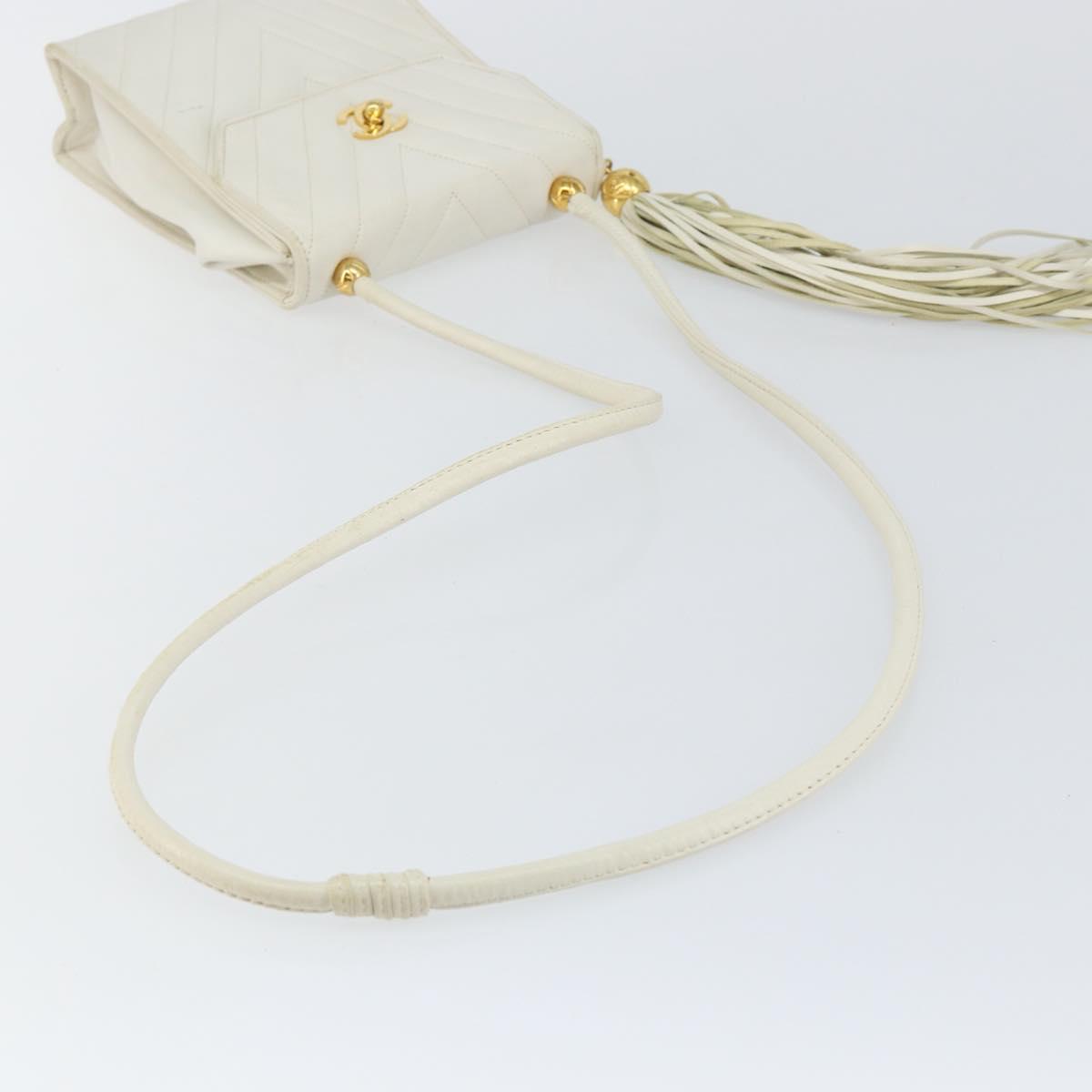 CHANEL V Stitch Shoulder Bag Lamb Skin White Gold CC Auth 143656