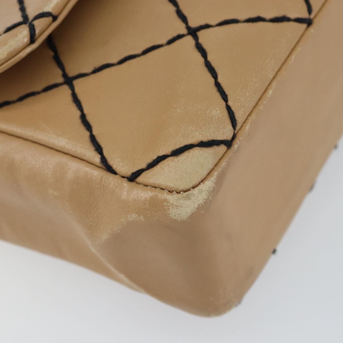 CHANEL Wild Stitch Chain Shoulder Bag Leather Beige CC Auth 143657