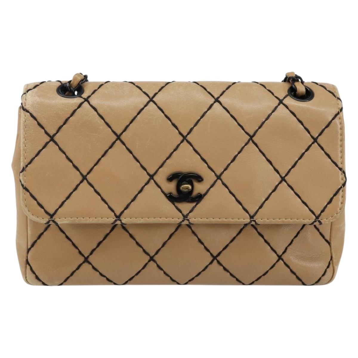CHANEL Wild Stitch Chain Shoulder Bag Leather Beige CC Auth 143657
