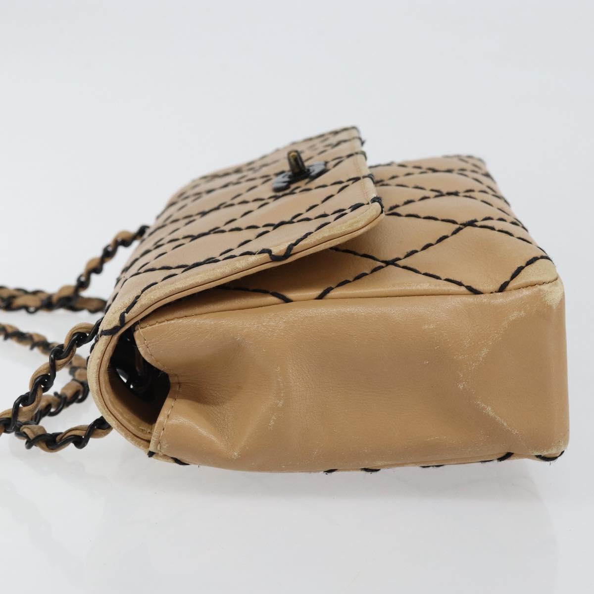 CHANEL Wild Stitch Chain Shoulder Bag Leather Beige CC Auth 143657
