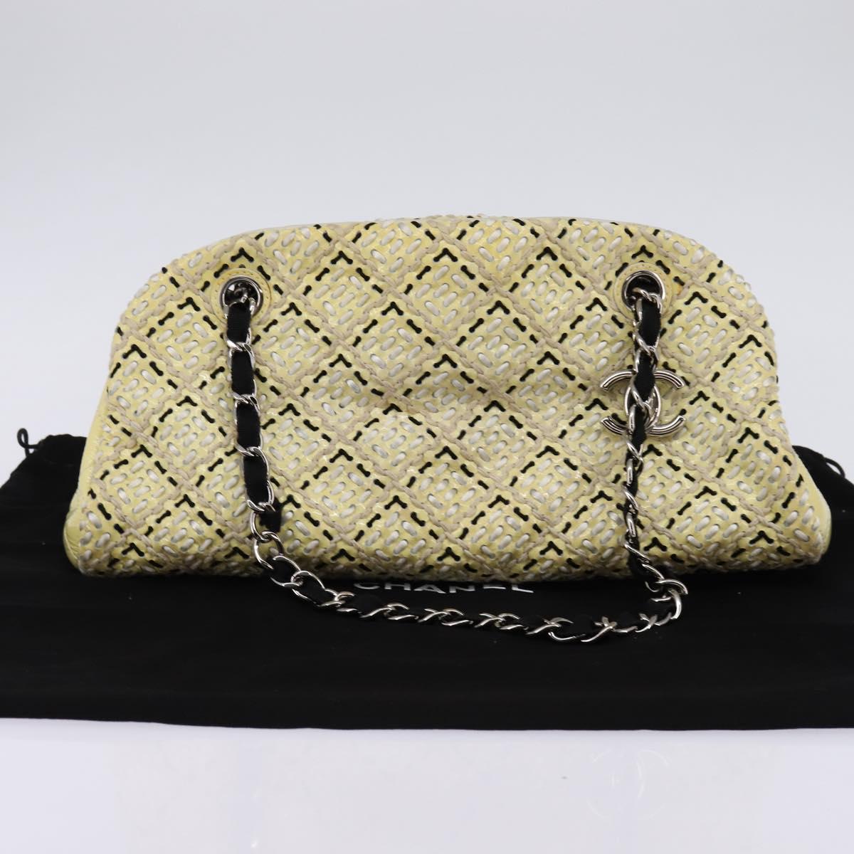 CHANEL Chain Shoulder Bag Enamel Cream Silver CC Auth 143658