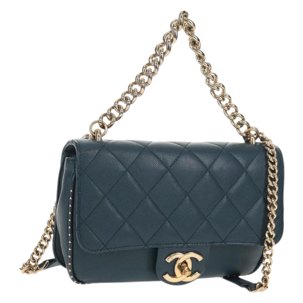 CHANEL Matelasse 20 Chain Shoulder Bag Caviar Skin Blue Gold CC Auth 143659AM