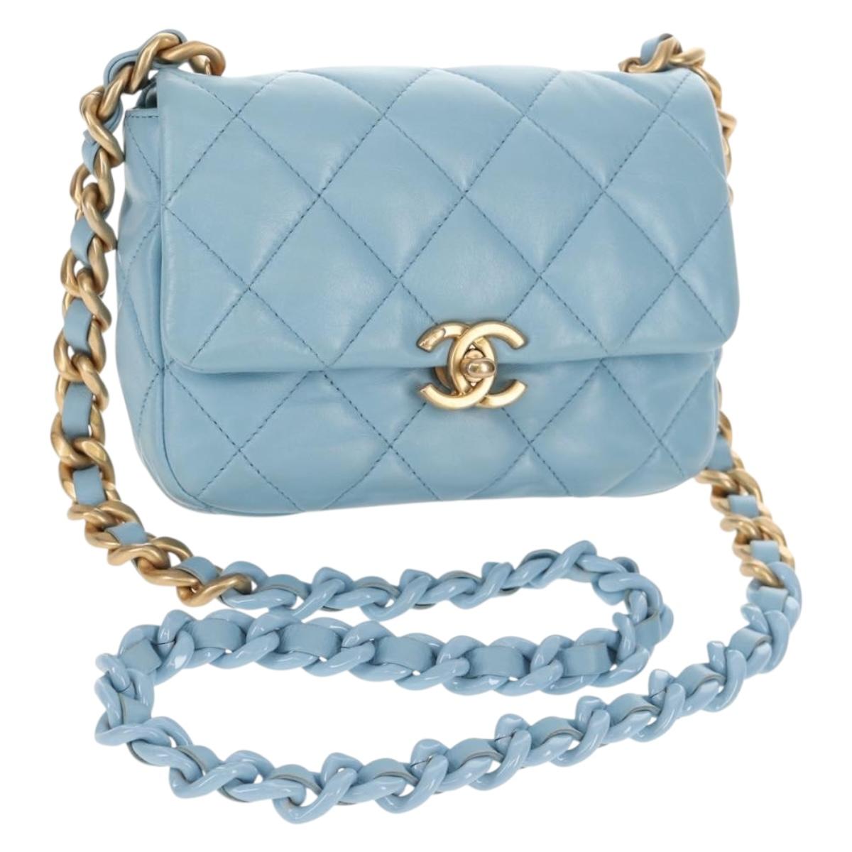 CHANEL Matelasse Chain Shoulder Bag Lamb Skin Light Blue Gold CC Auth 143660SAM