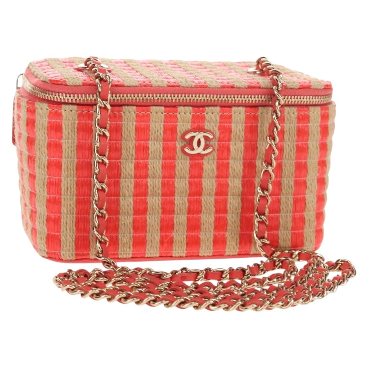 CHANEL Chain Shoulder Bag Raffia Beige Gold CC Auth 143661SAM