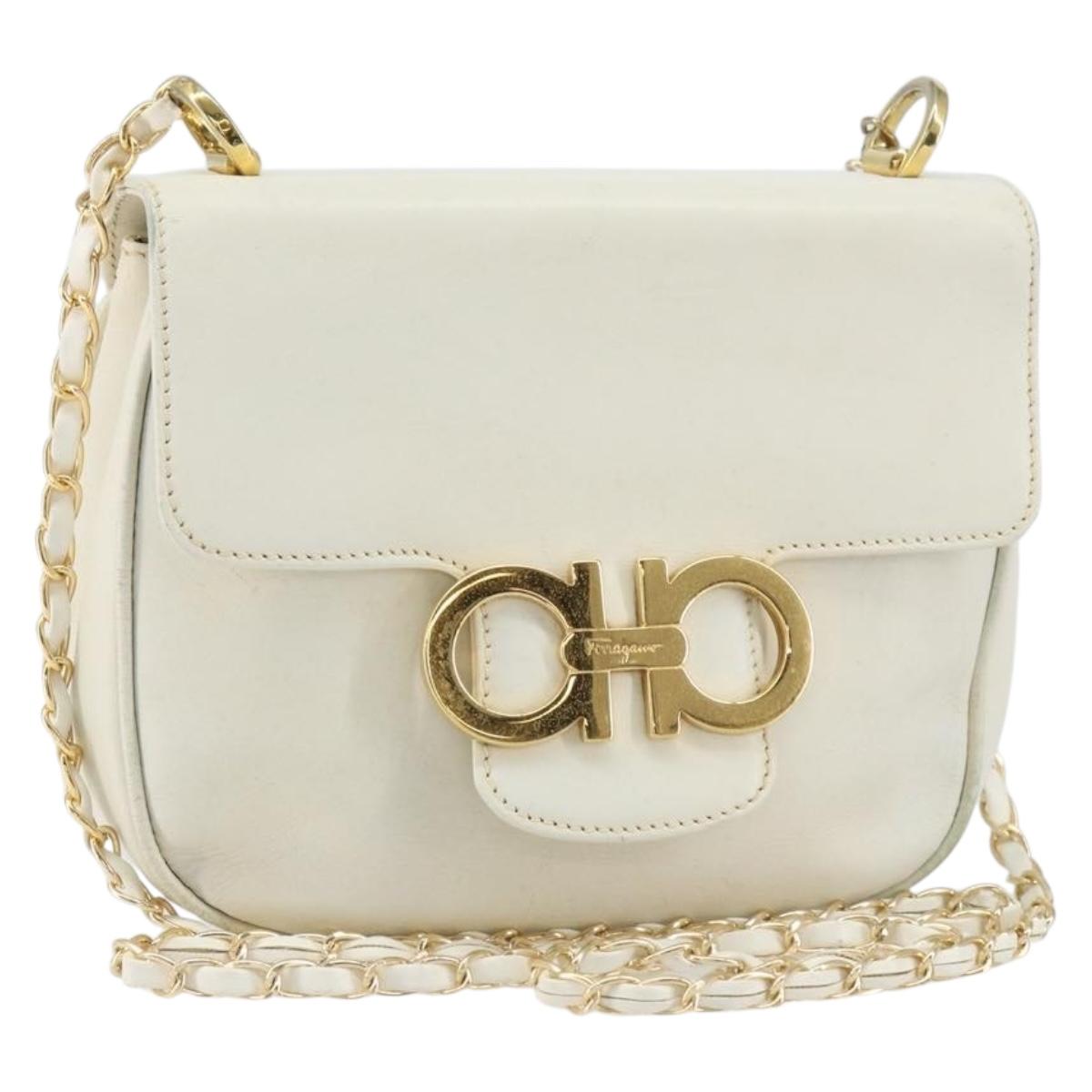 Salvatore Ferragamo Gancini Chain Shoulder Bag Leather White Gold Auth 143667
