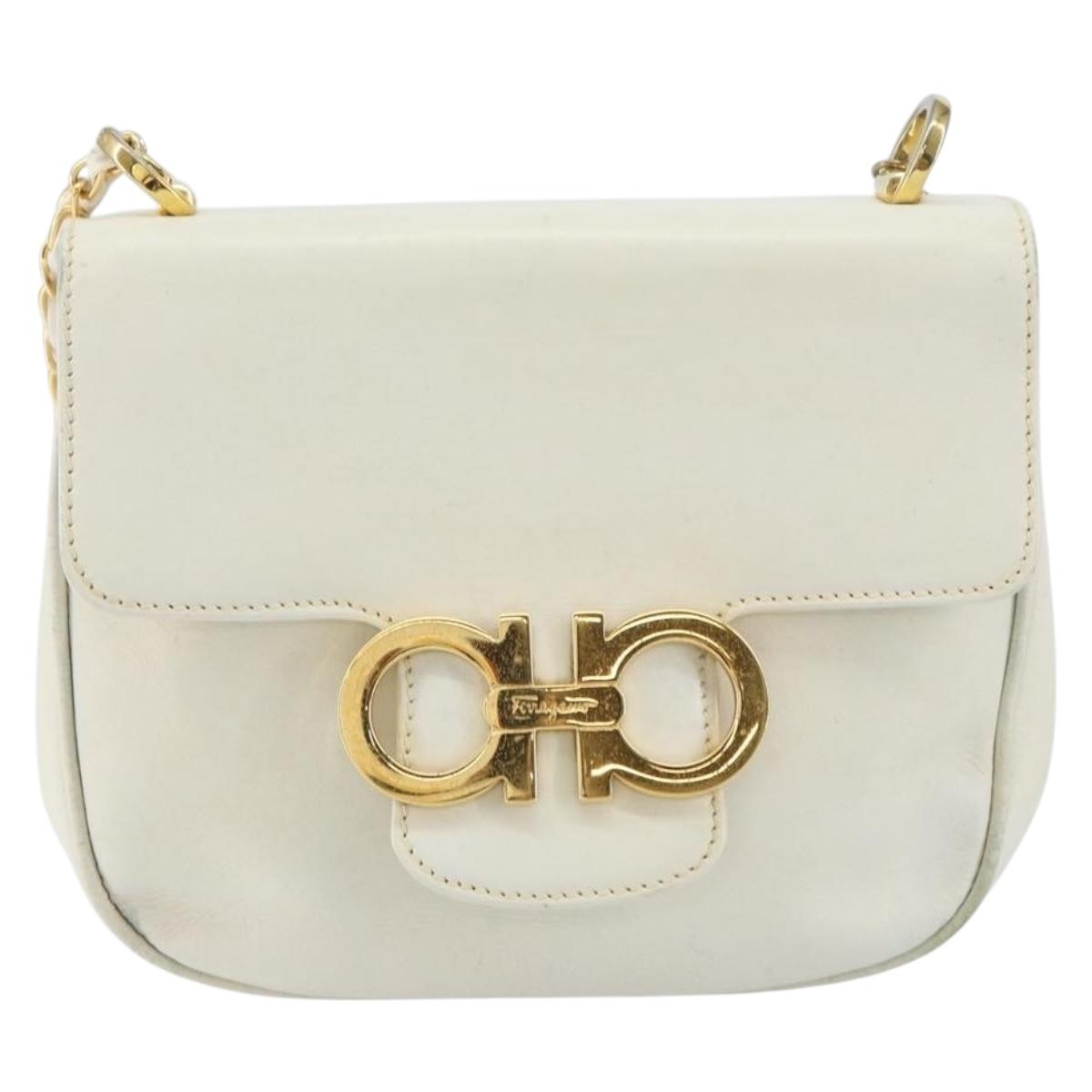Salvatore Ferragamo Gancini Chain Shoulder Bag Leather White Gold Auth 143667
