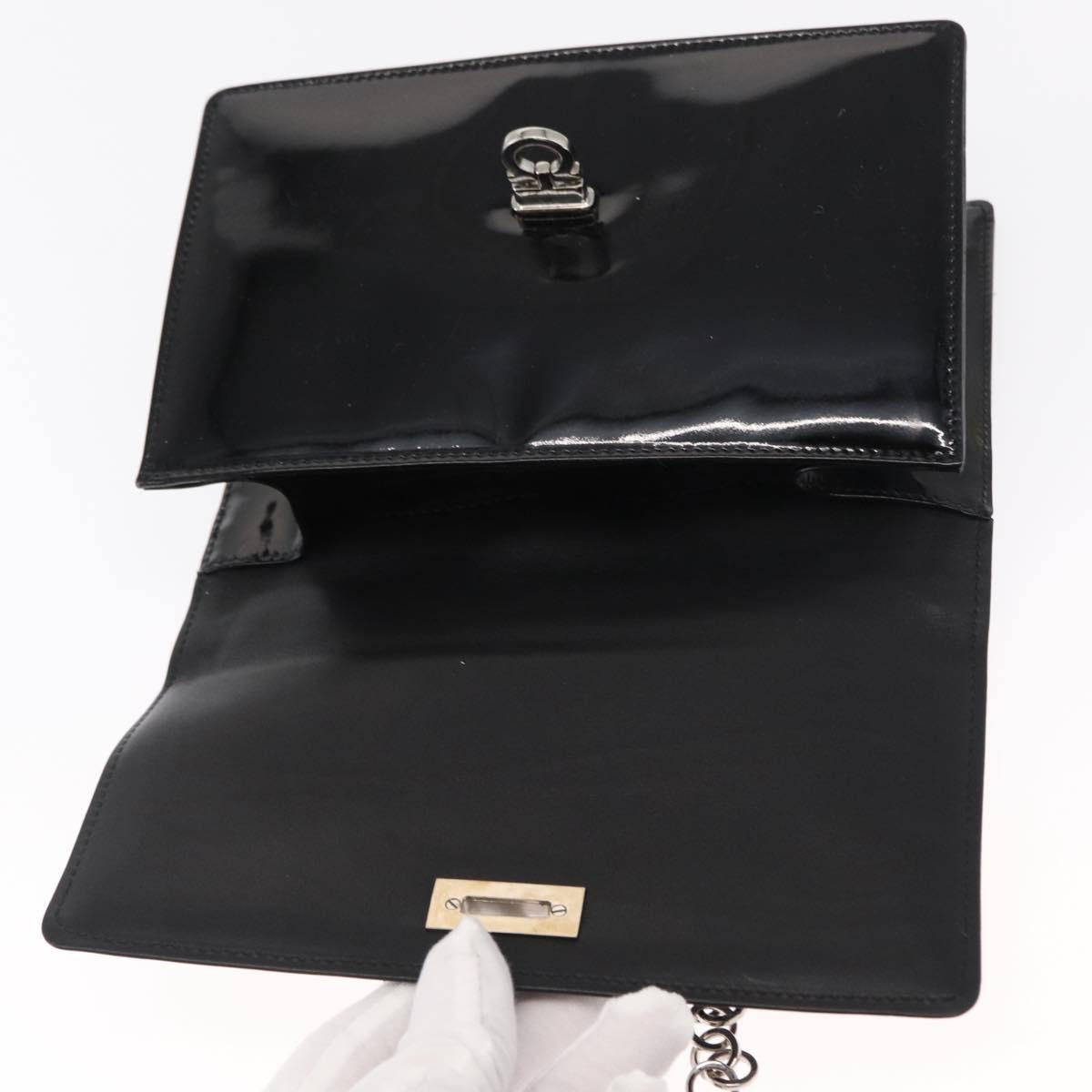 Salvatore Ferragamo Chain Gancini Shoulder Bag Enamel Black Silver Auth 143669