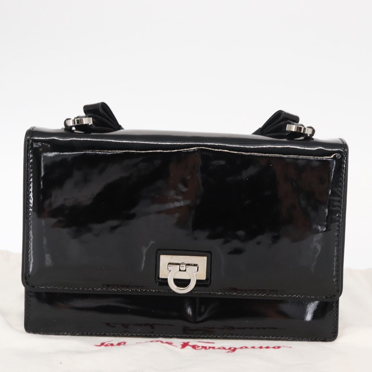 Salvatore Ferragamo Chain Gancini Shoulder Bag Enamel Black Silver Auth 143669