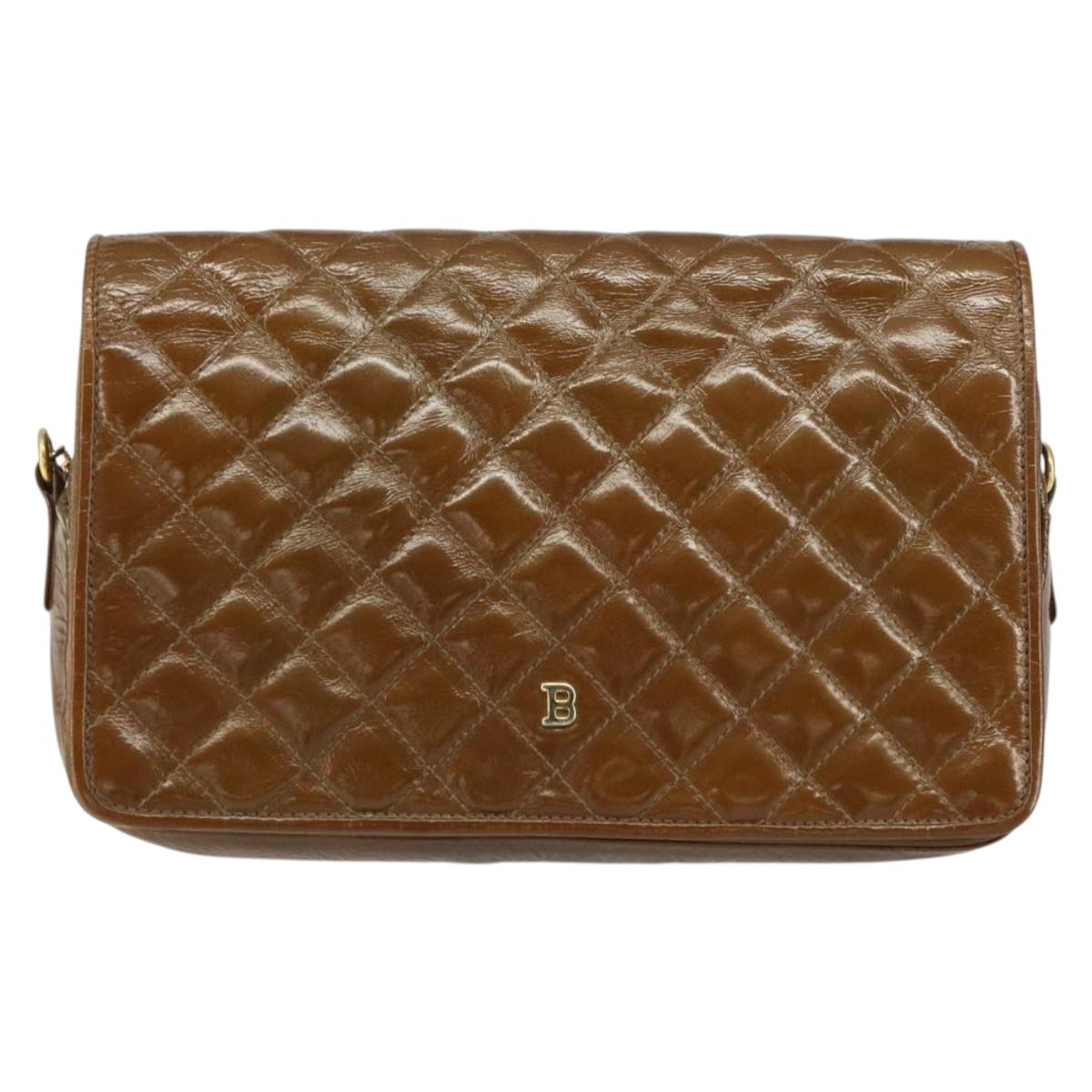 BALLY Chain Shoulder Bag Enamel Brown Gold Auth 143674