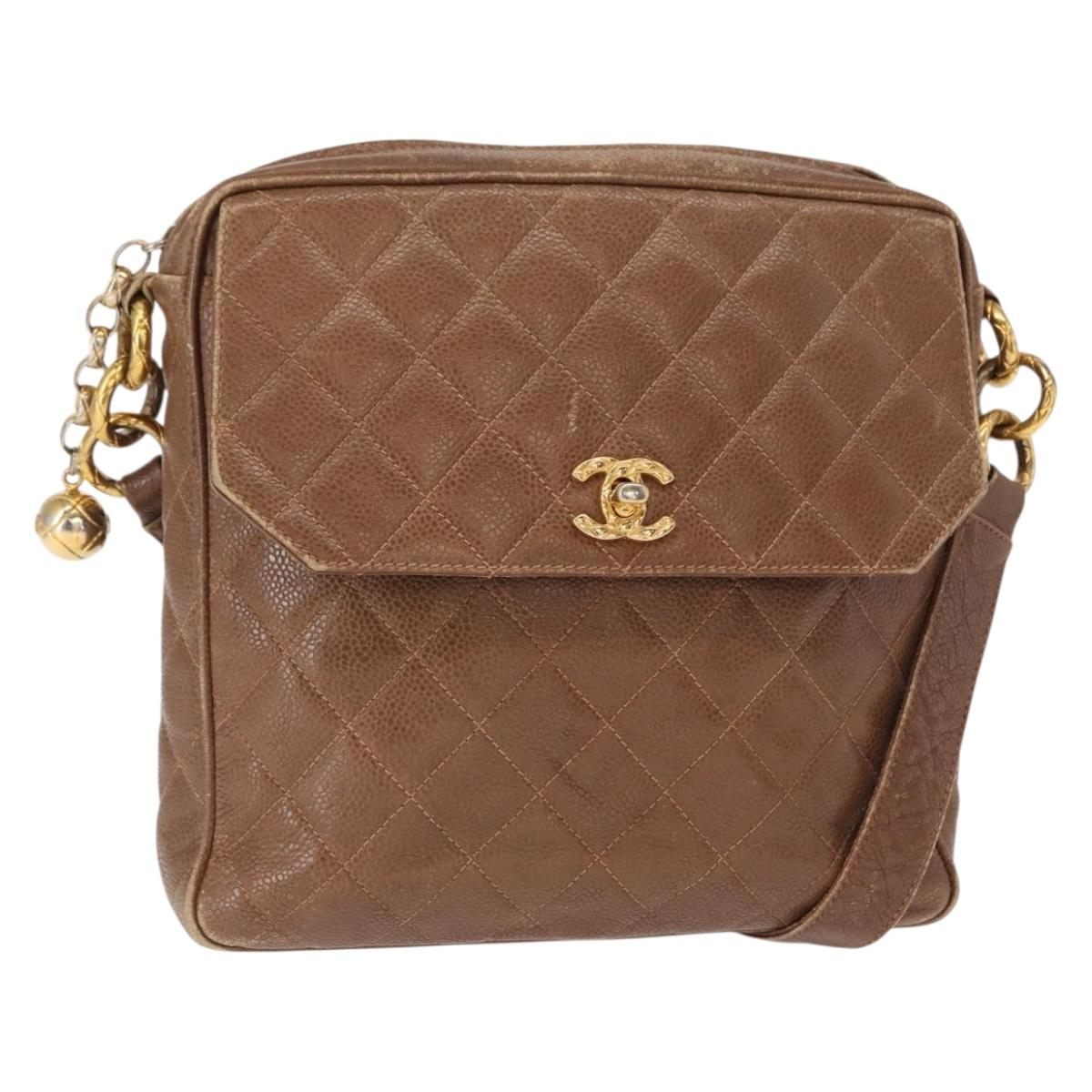 CHANEL Matelasse Shoulder Bag Caviar Skin Brown Gold CC Auth 143676