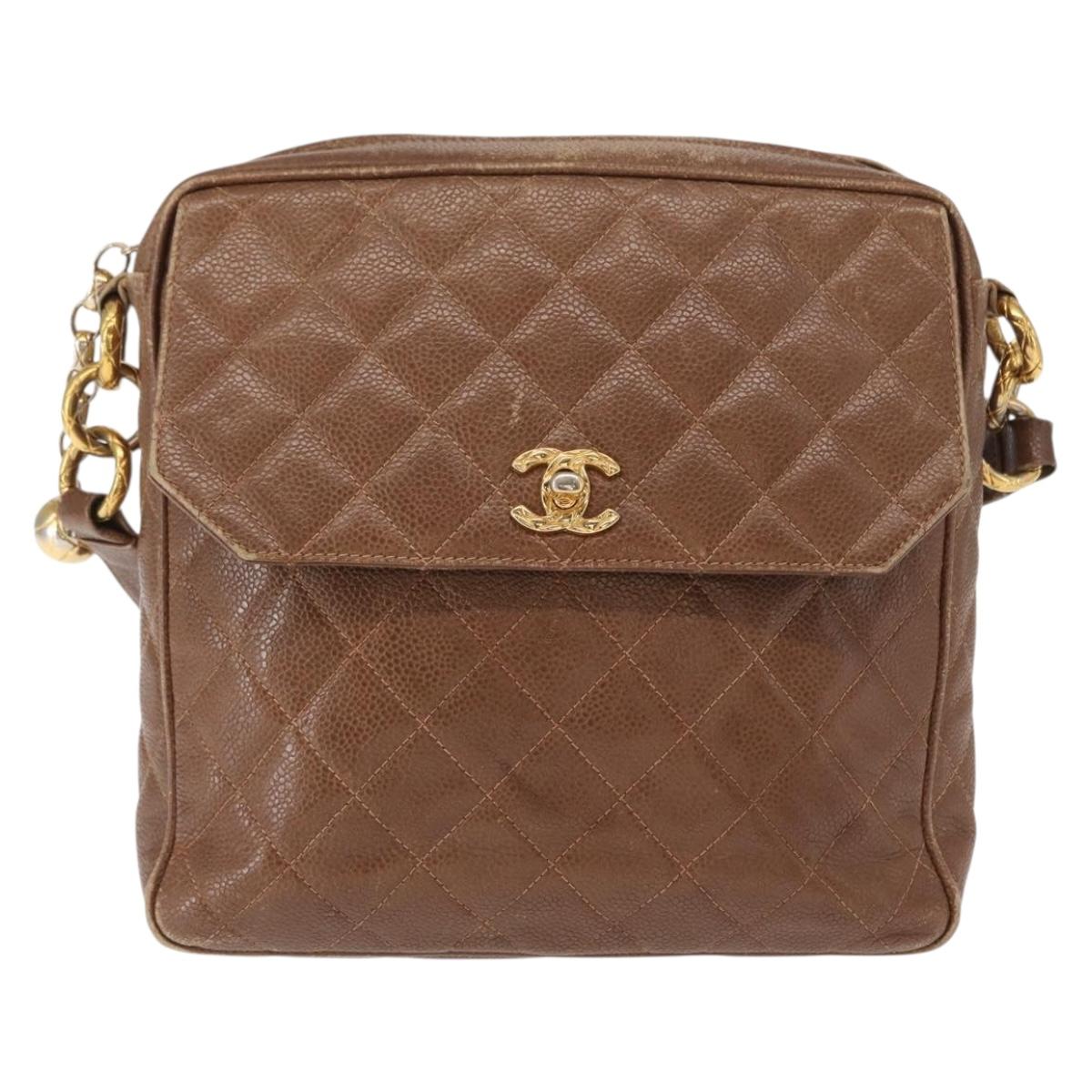CHANEL Matelasse Shoulder Bag Caviar Skin Brown Gold CC Auth 143676