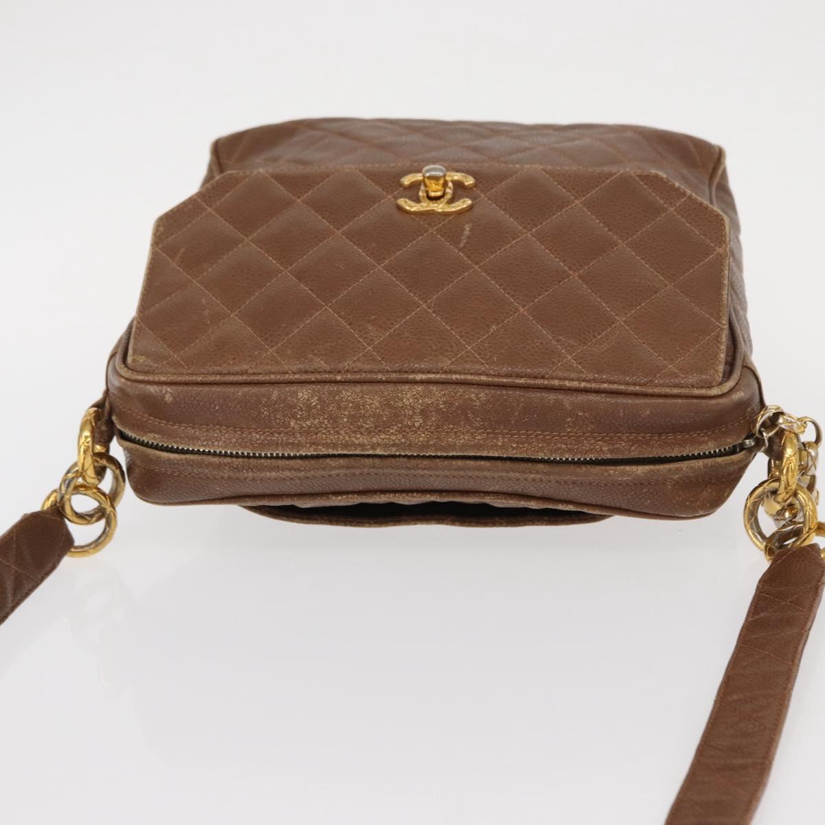 CHANEL Matelasse Shoulder Bag Caviar Skin Brown Gold CC Auth 143676