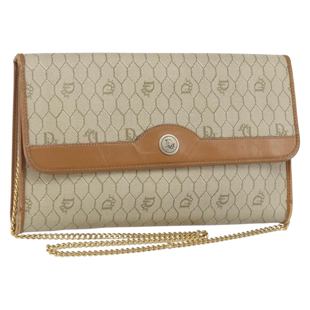 Christian Dior Honeycomb Canvas Chain Shoulder Bag PVC Beige Gold Auth 143712
