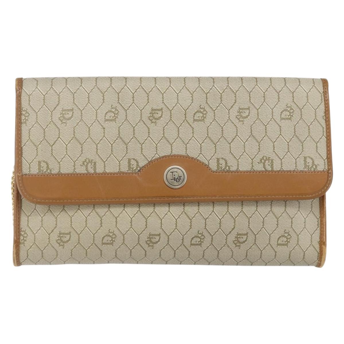 Christian Dior Honeycomb Canvas Chain Shoulder Bag PVC Beige Gold Auth 143712