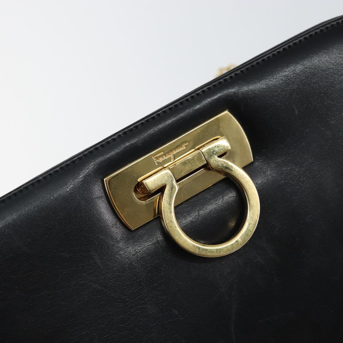 Salvatore Ferragamo Gancini Chain Shoulder Bag Leather Black Gold Auth 143759