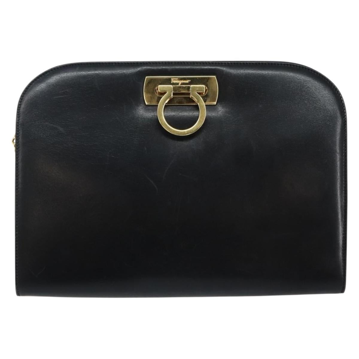 Salvatore Ferragamo Gancini Chain Shoulder Bag Leather Black Gold Auth 143759