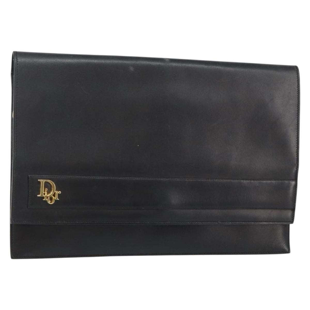 Christian Dior Clutch Bag Leather Black Gold Auth 143761