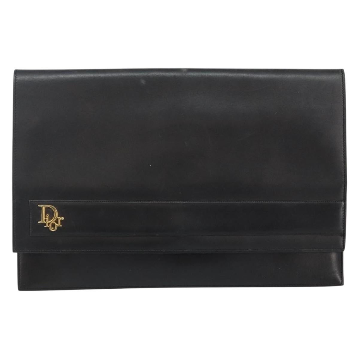Christian Dior Clutch Bag Leather Black Gold Auth 143761