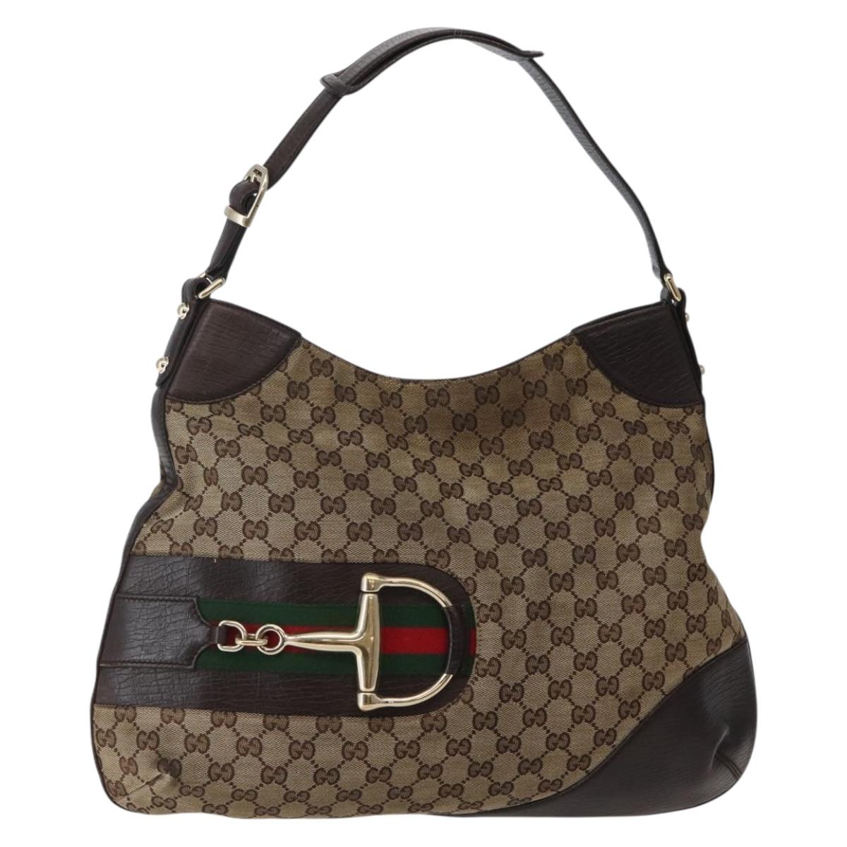 GUCCI GG Canvas Web Sherry Line Horsebit Bag Beige Gold 137386 Auth 143773