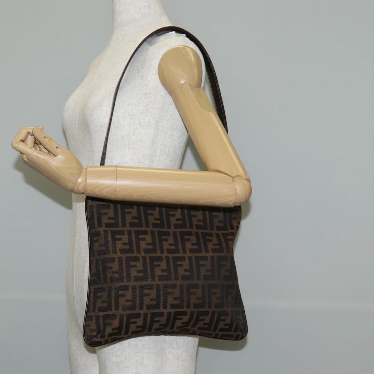 FENDI Zucca Canvas Shoulder Bag Black Brown Auth 143776V