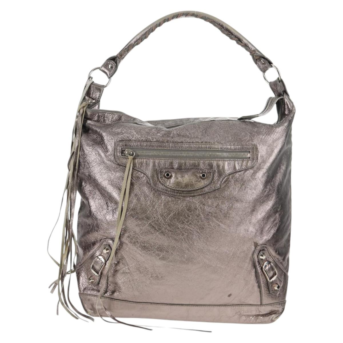 BALENCIAGA The Day Shoulder Bag Leather Silver 140442 Auth 143787V