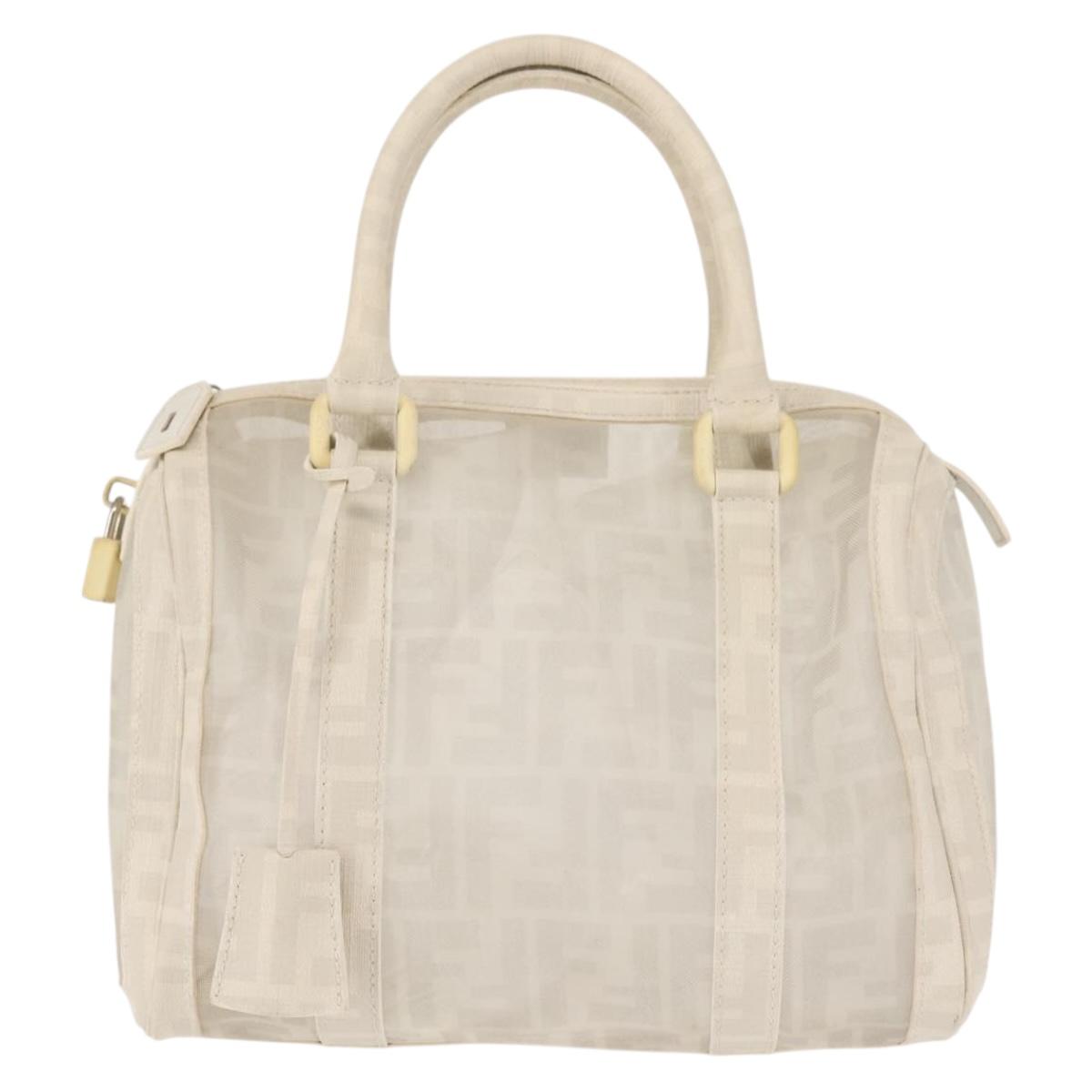 FENDI Mesh Boston Bag Nylon Ivory Silver Auth 143789