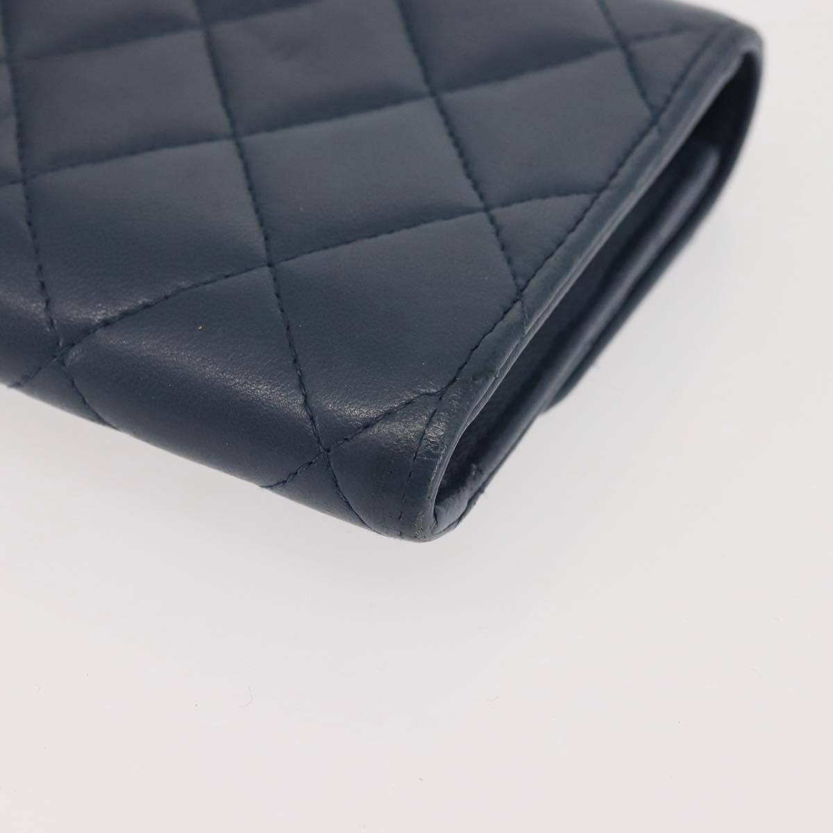 CHANEL Matelasse Wallet Lamb Skin Navy Silver CC Auth 143795