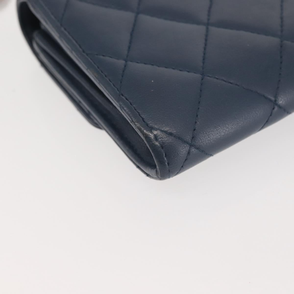 CHANEL Matelasse Wallet Lamb Skin Navy Silver CC Auth 143795