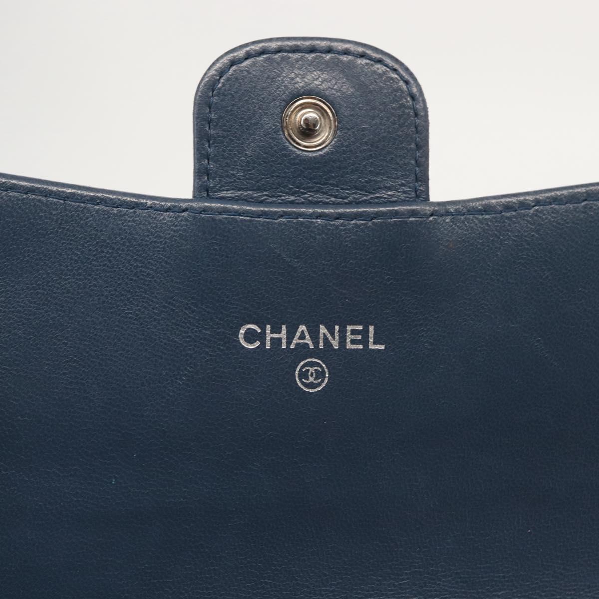 CHANEL Matelasse Wallet Lamb Skin Navy Silver CC Auth 143795