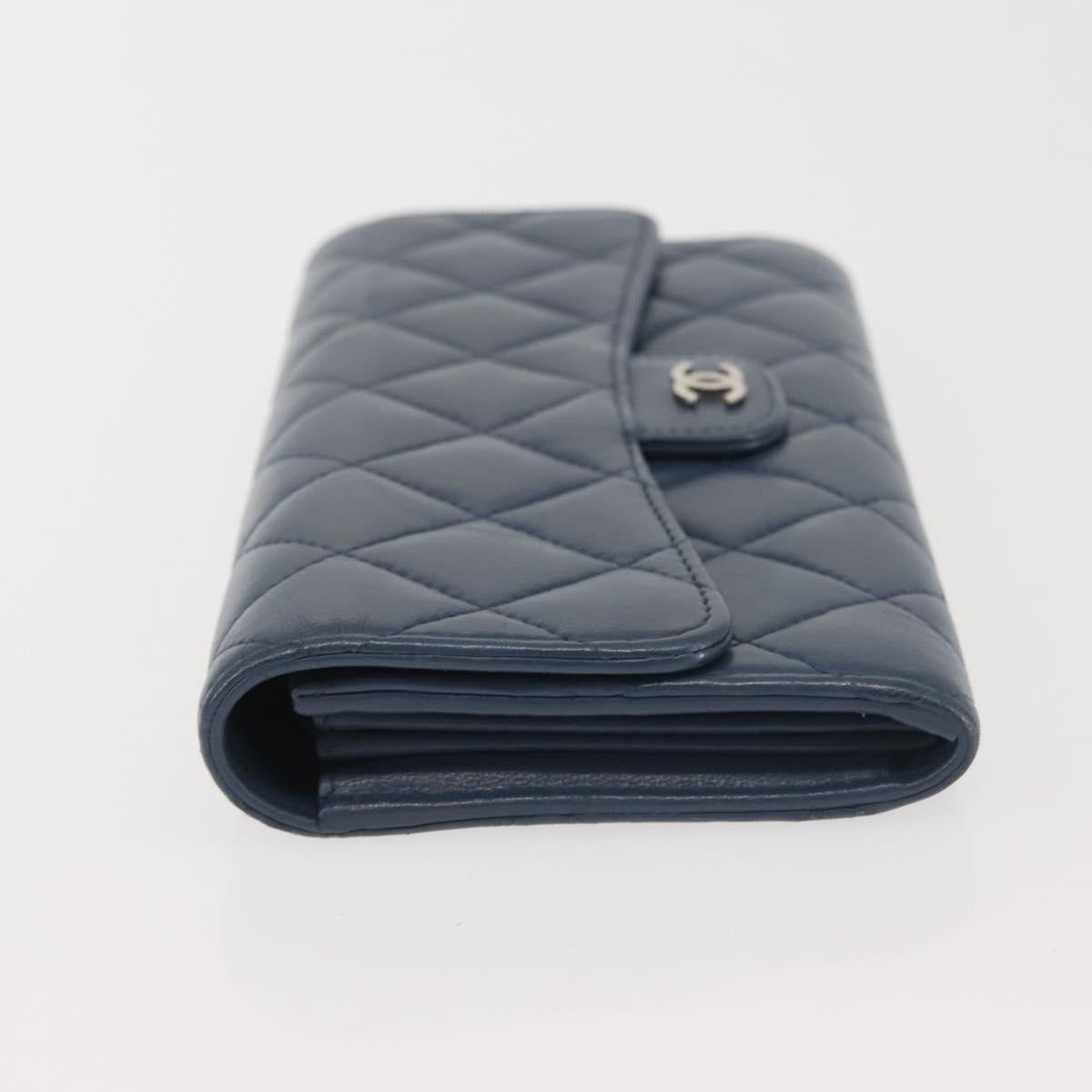 CHANEL Matelasse Wallet Lamb Skin Navy Silver CC Auth 143795