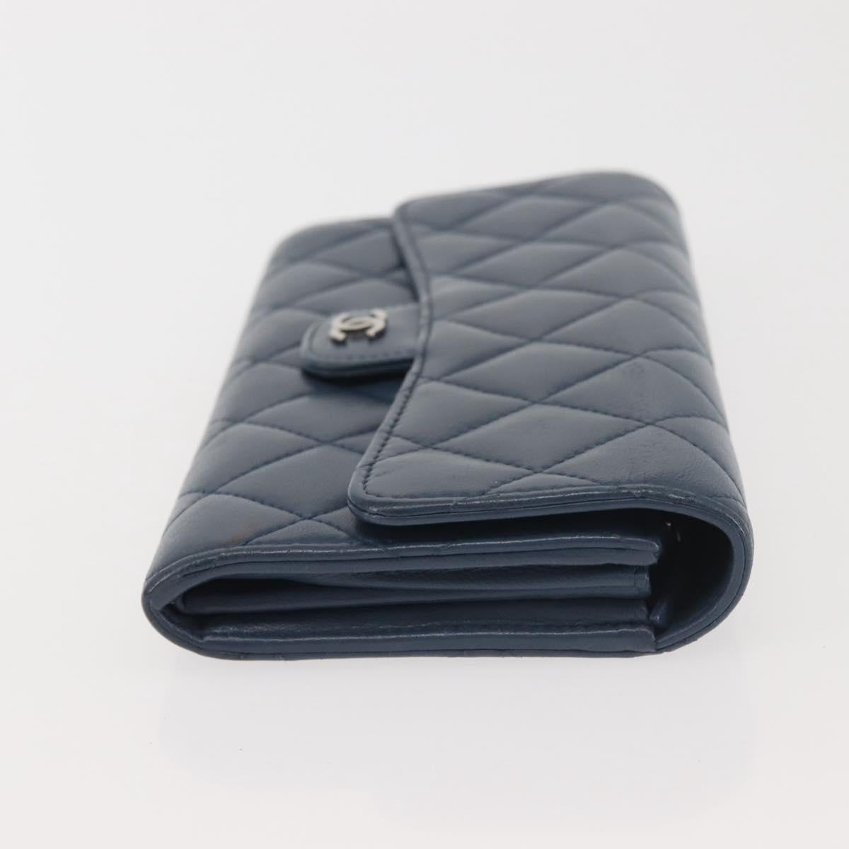 CHANEL Matelasse Wallet Lamb Skin Navy Silver CC Auth 143795