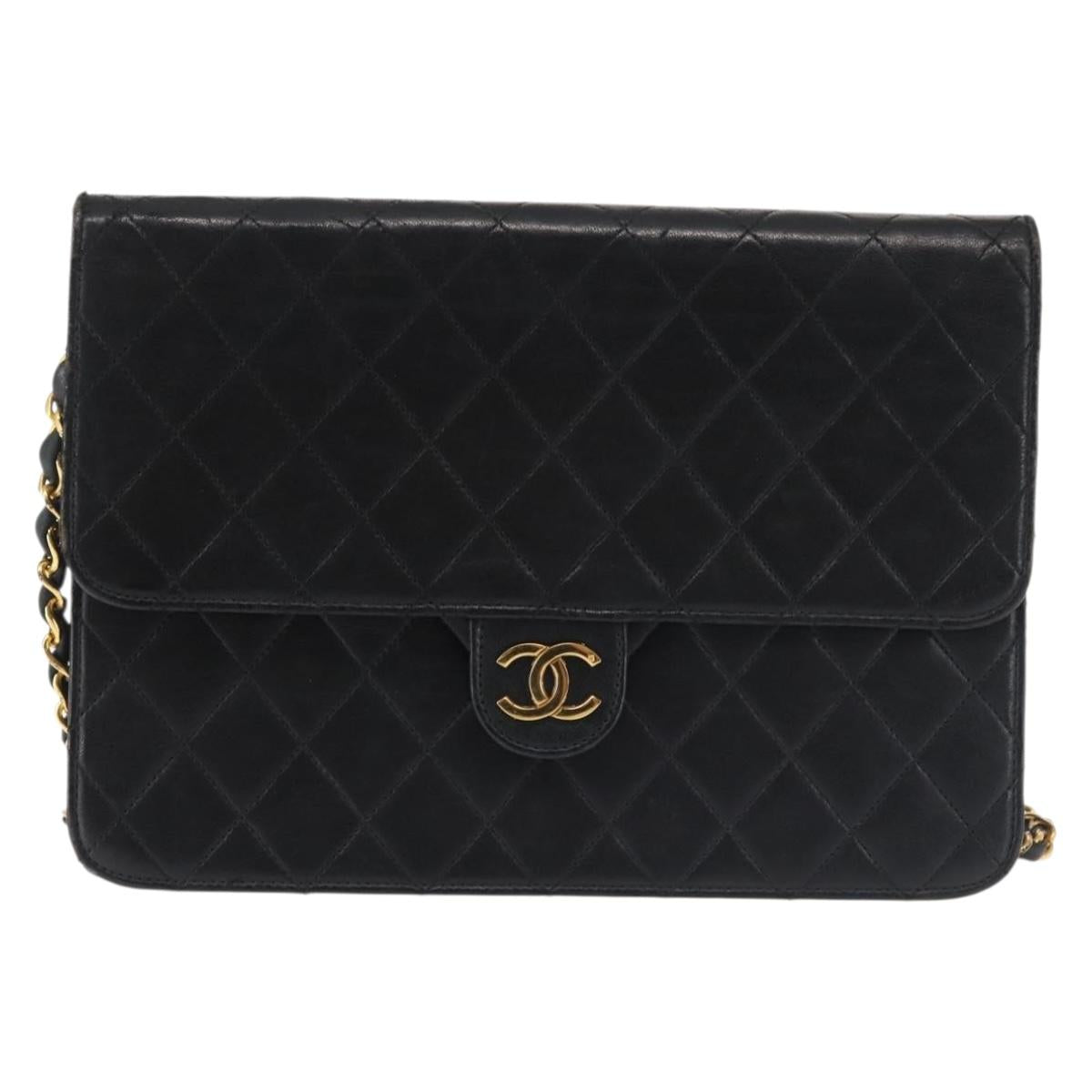 CHANEL Chain Shoulder Bag Lamb Skin Black Gold CC Auth 143810