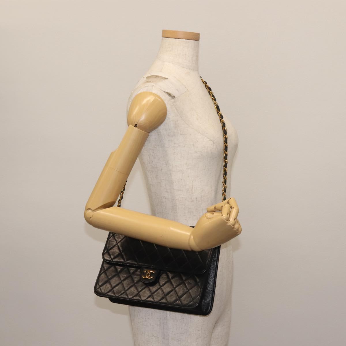 CHANEL Chain Shoulder Bag Lamb Skin Black Gold CC Auth 143810